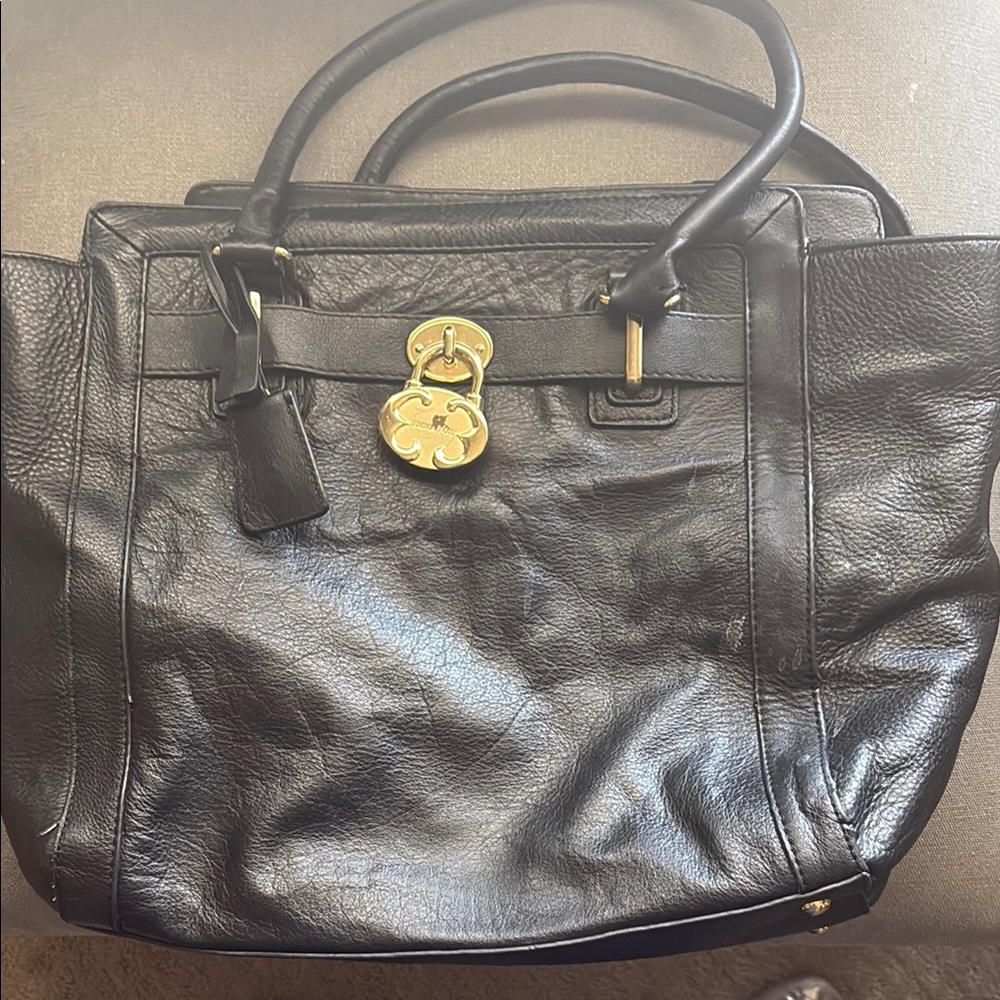 Emma Fox Black Leather Tote with Gold Accents